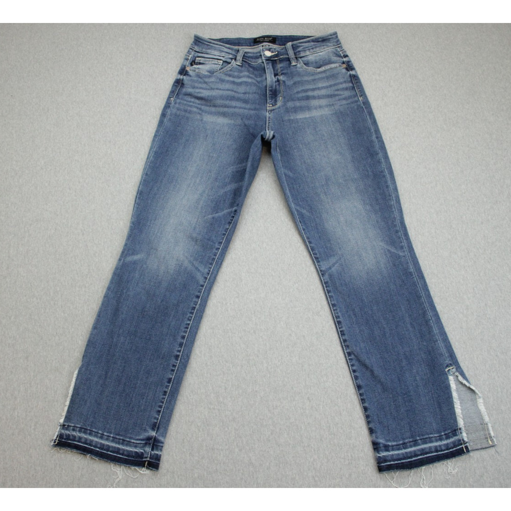 Judy Blue Jeans Womens 7/28 Blue‎ Cotton Blend Stretch Raw Hem Straight Fit